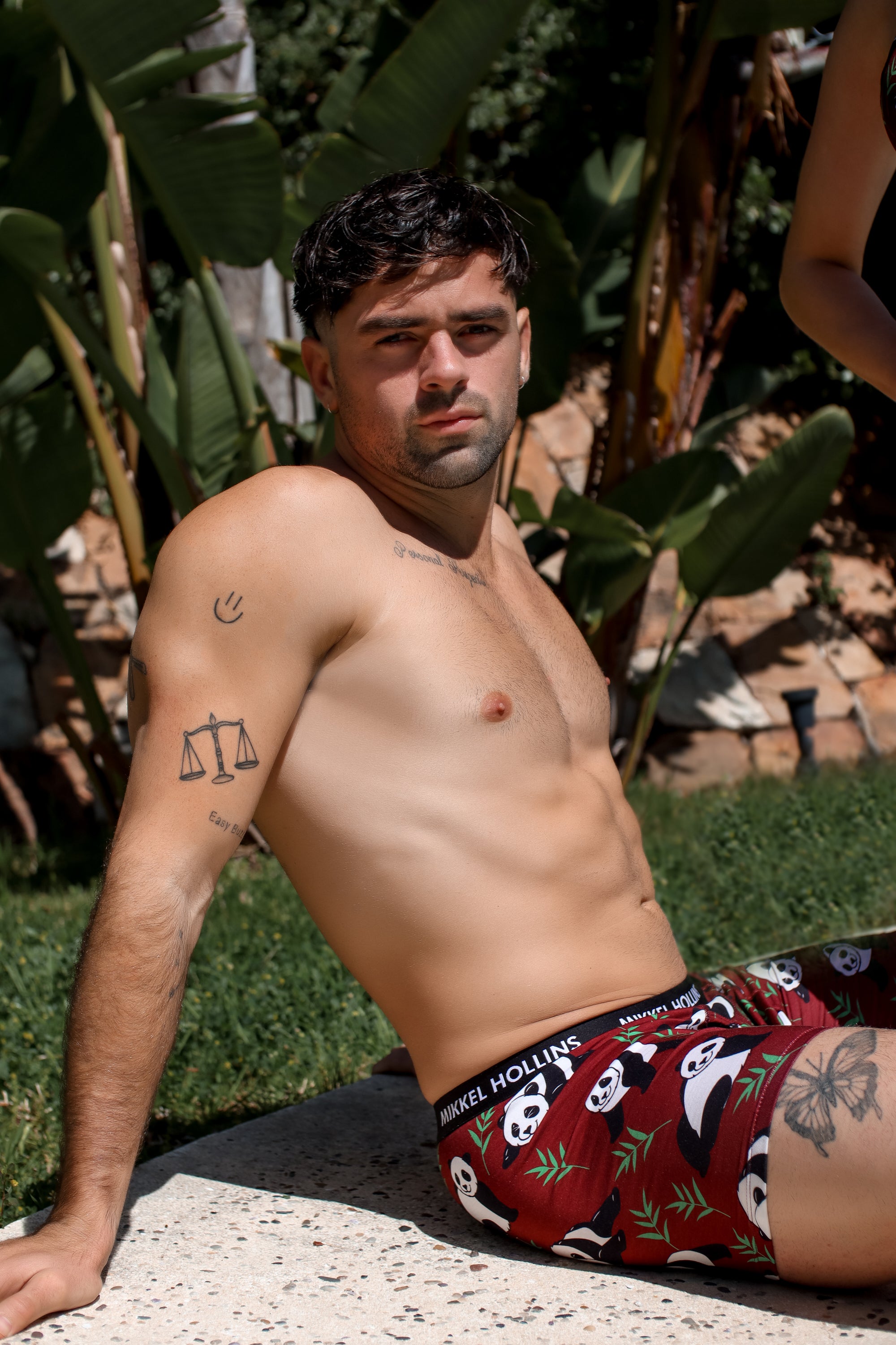 Refined panda-print men’s boxer brief with fly and tag-free waistband by Mikkel Hollins